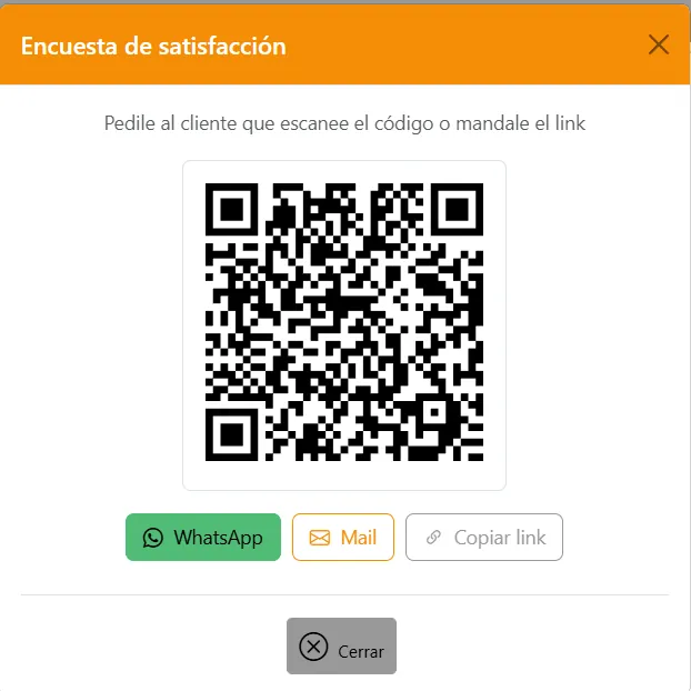 Ventana Encuesta de satisfacción con el texto Pedile al cliente que escanee el código o mandale el link, el QR de la encuesta y los botones WhatsApp, Mail, Copiar link y Cerrar