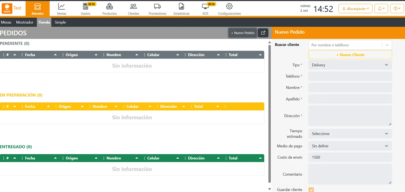 Pantalla Pedidos de Atender > Tienda &amp; Delivery, con las grillas Pendiente, En preparación y Entregado, y a la derecha el formulario Nuevo Pedido