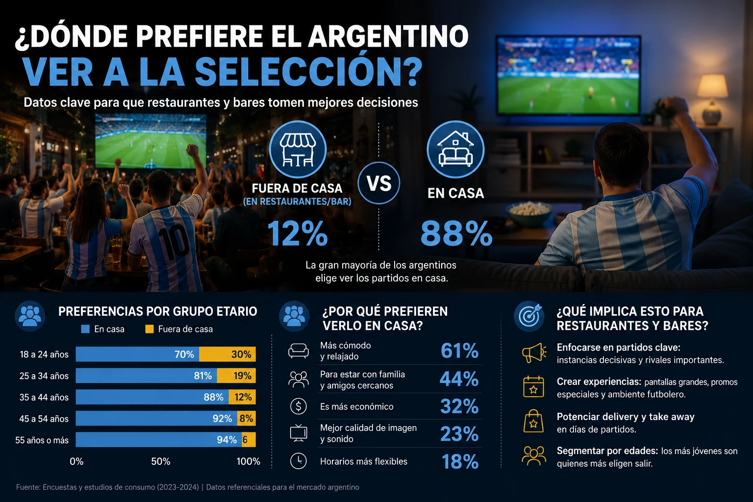 ¿Los argentinos prefieren ver a la Selección en casa o en un restaurante?